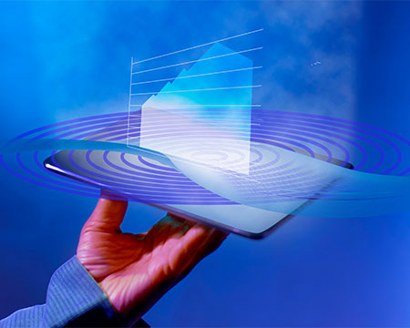 手のひらの上にホログラム画像を映し出したイメージ